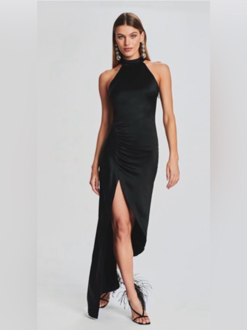 Retrofete New Sab Satin Formal High Neck Bodycon Maxi Dress In Black Size Xs
